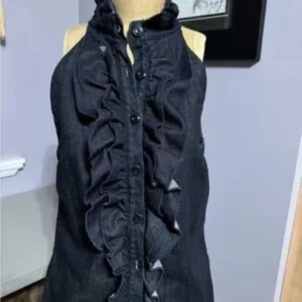 7 For All Mankind Dark Denim Ruffle Halter Mini Dress - Picture 4 of 9